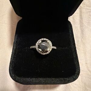 Sterling Silver Black Diamond Crystal Halo Ring - Black